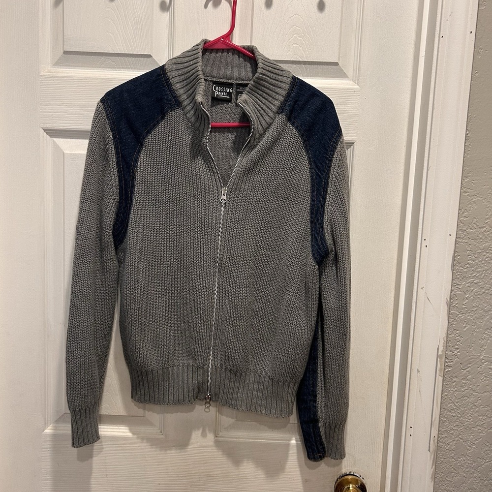 VTG Crossing Pointe Gray Cotton Ribbed Denim‎ Full Zip Bomber Jacket Women's XL